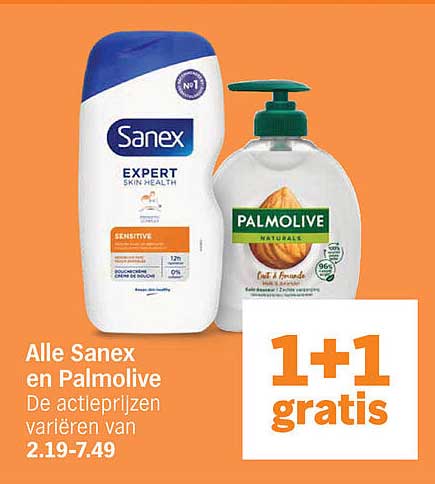 Alle Sanex en Palmolive 1+1 gratis