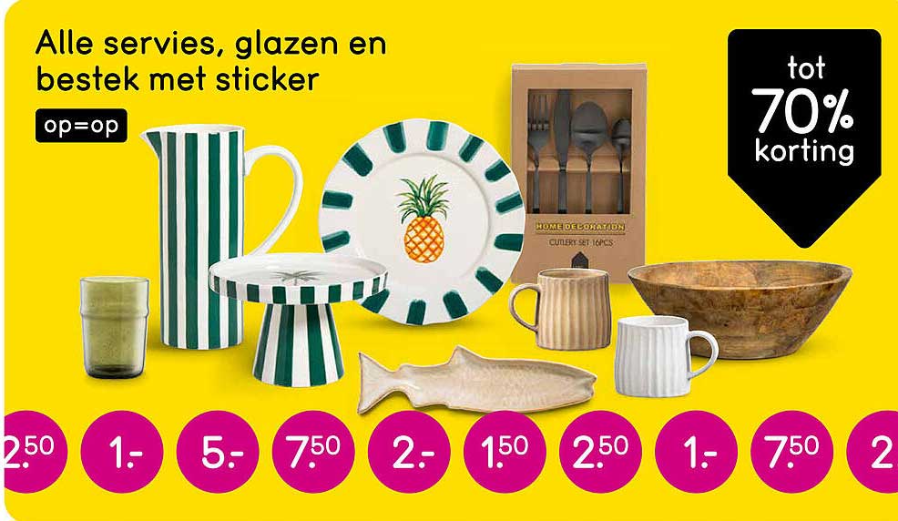 Alle servies, glazen en bestek met sticker op=op