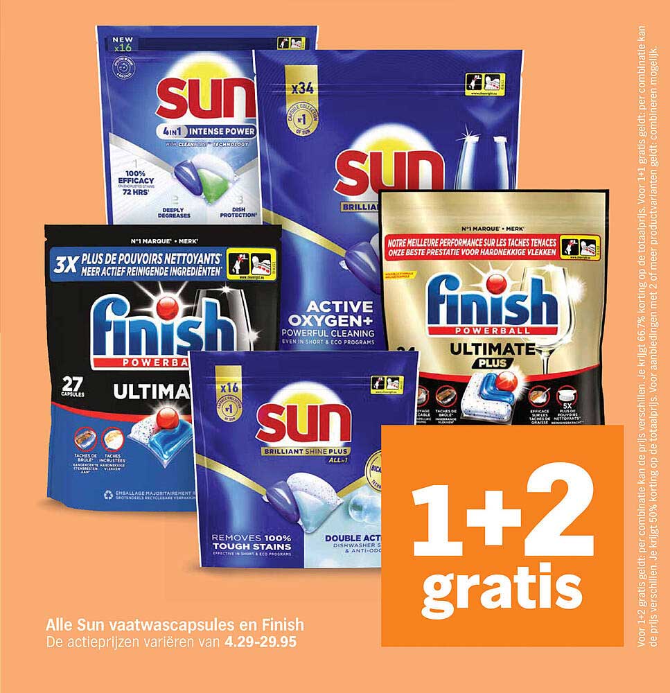 Alle Sun vaatwascapsules en Finish 1+2 gratis