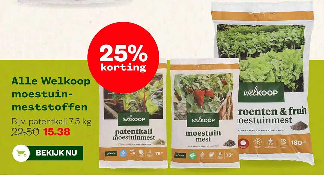 Alle Welkoop moestuin-meststoffen 25% korting
