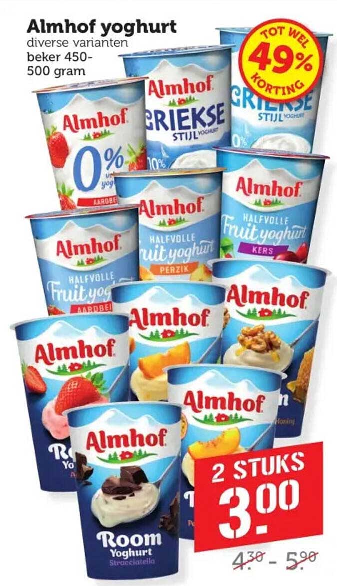 Almhof yoghurt diverse varianten beker 450-500 gram 2 stuks 3.00
