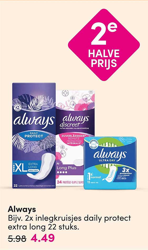 Always Bijv. 2x inlegkruisjes daily protect extra long 22 stuks. 2e halve prijs