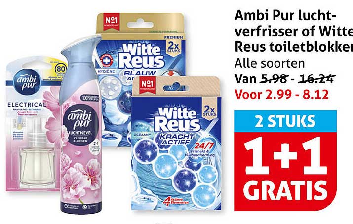 Ambi Pur luchtverfrisser of Witte Reus toiletblokken Alle soorten 1+1 gratis