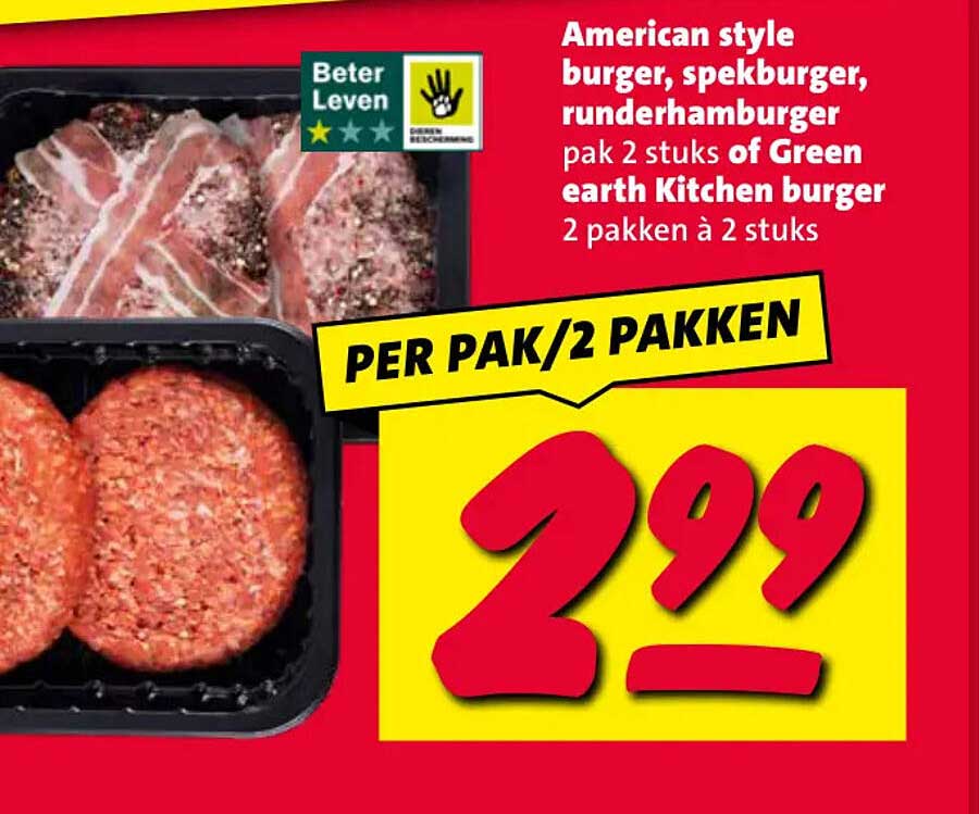 American style burger, spekburger, runderhamburger pak 2 stuks of Green earth Kitchen burger 2 pakken à 2 stuks PER PAK/2 PAKKEN