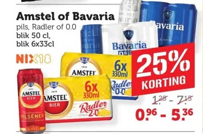 Amstel of Bavaria pils, Radler of 0.0 blik 50 cl, blik 6x33cl 25% KORTING