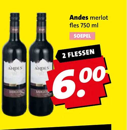 Andes merlot fles 750 ml SOEPEL 2 FLESSEN
