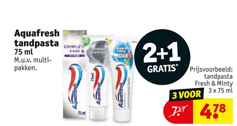Aquafresh tandpasta 75 ml M.u.v. multi-pakken. 2+1 GRATIS*