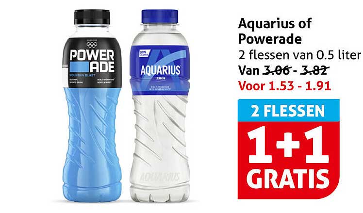 Aquarius of Powerade 2 flessen van 0.5 liter 1+1 gratis