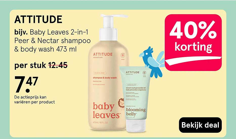 ATTITUDE bijv. Baby Leaves 2-in-1 Peer & Nectar shampoo & body wash 473 ml 40% korting