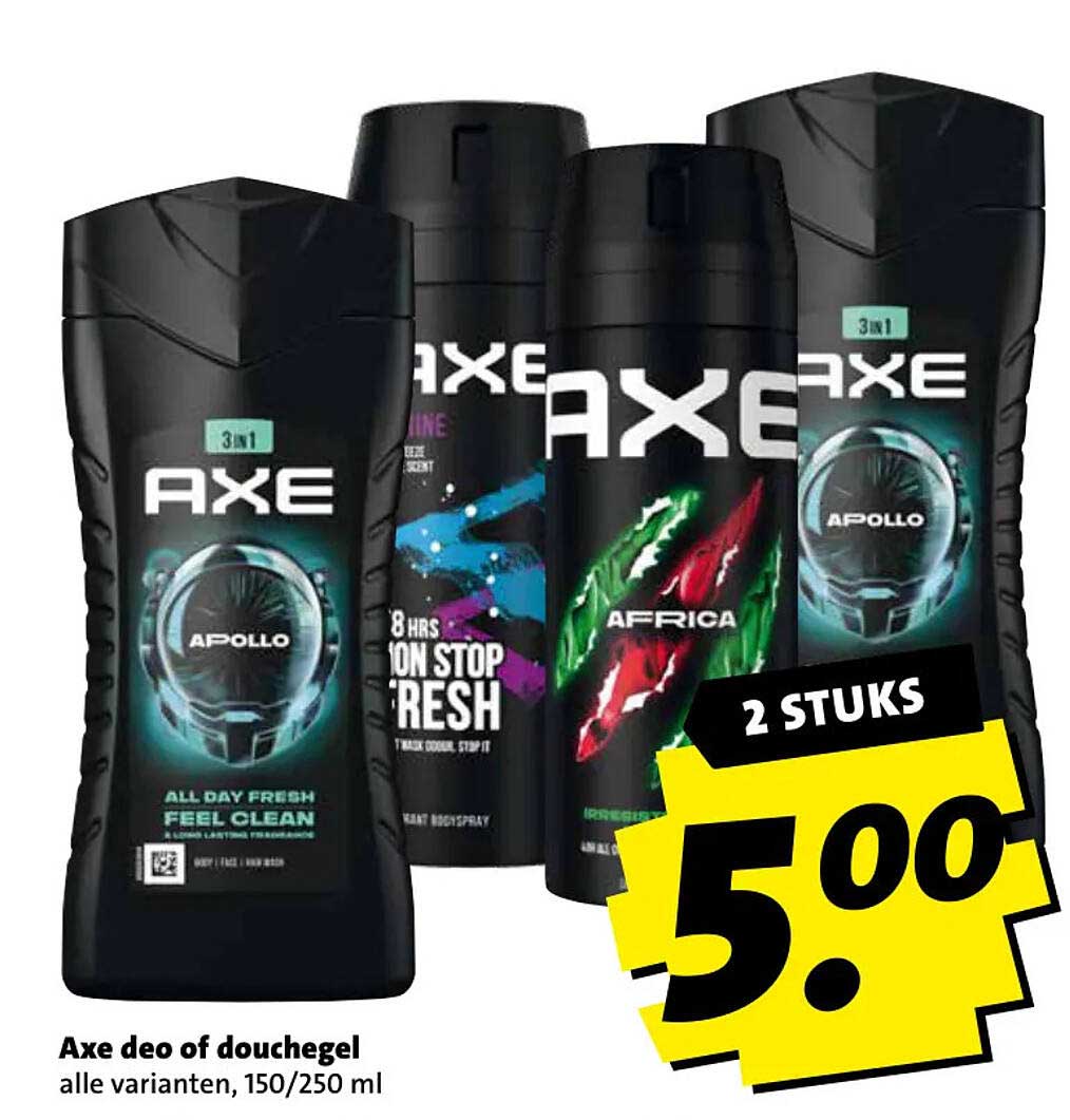 Axe deo of douchegel, alle varianten, 150/250 ml 2 STUKS