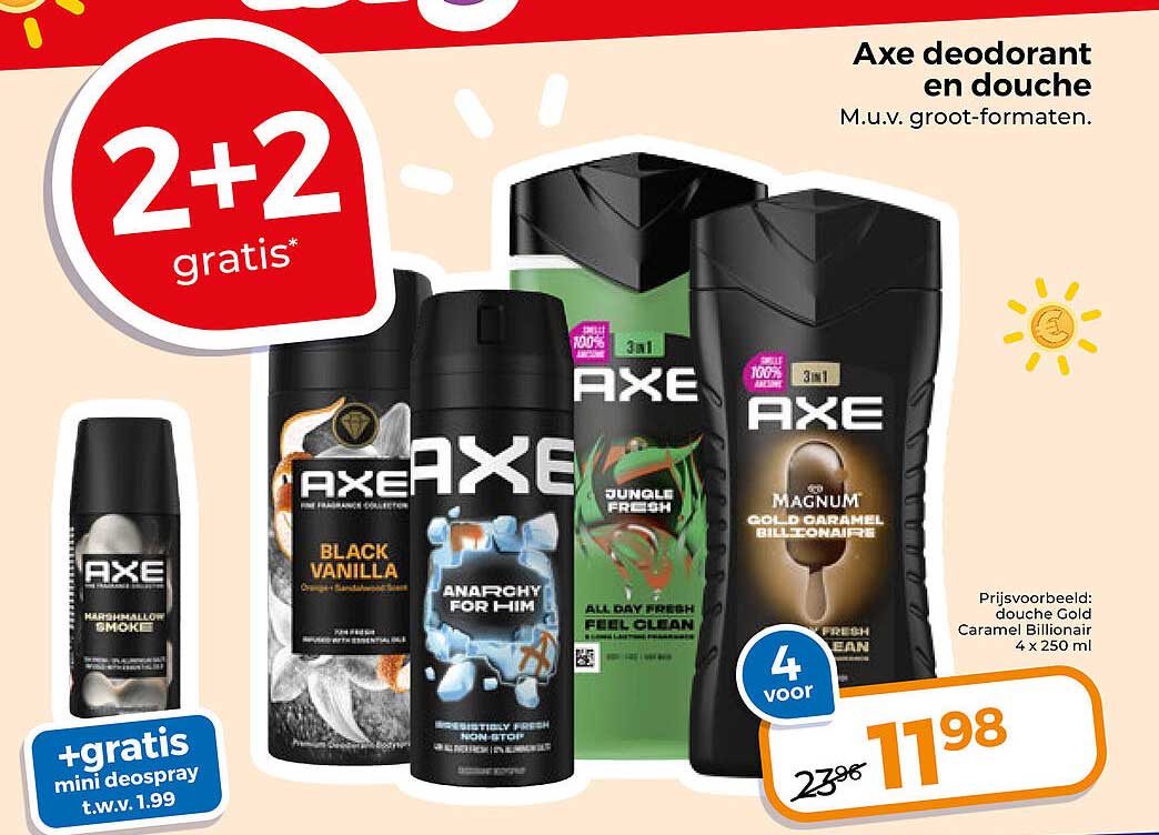 Axe deodorant en douche 2+2 gratis