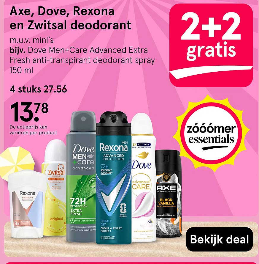 Axe, Dove, Rexona en Zwitsal deodorant 2+2 gratis
