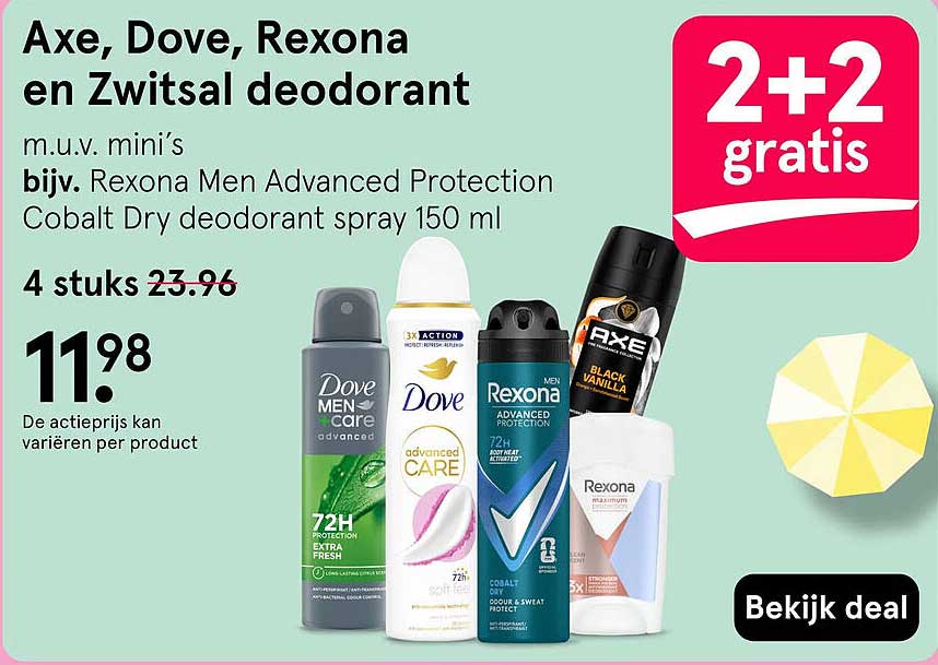 Axe, Dove, Rexona en Zwitsal deodorant 2+2 gratis