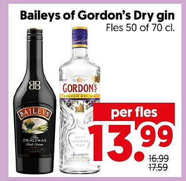 Baileys of Gordon’s Dry gin Fles 50 of 70 cl. per fles