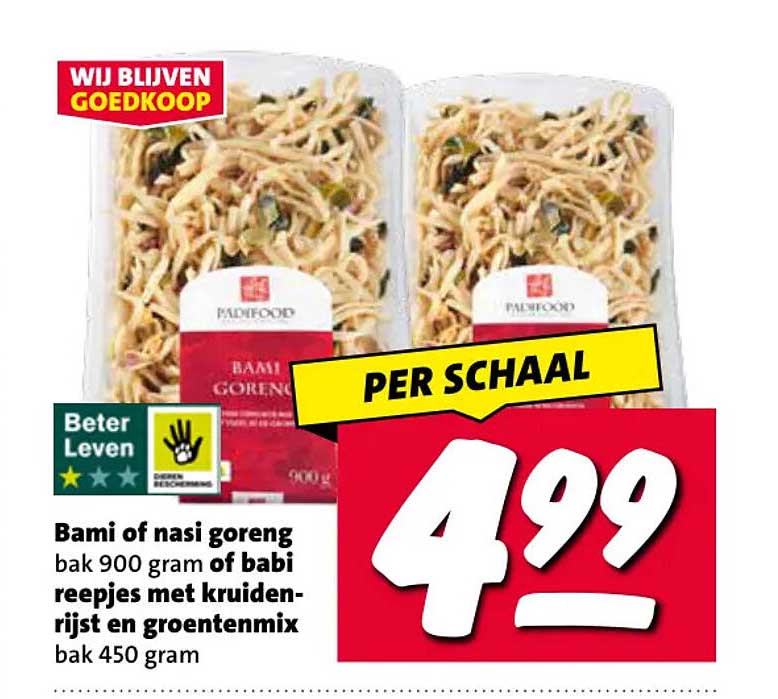 Bami of nasi goreng bak 900 gram of babi reepjes met kruidenrijst en groentemix bak 450 gram PER SCHAAL