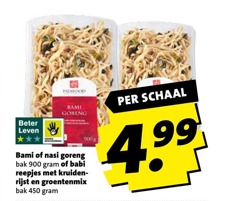 Bami of nasi goreng bak 900 gram of babi reepjes met kruidenrijst en groentenmix bak 450 gram PER SCHAAL