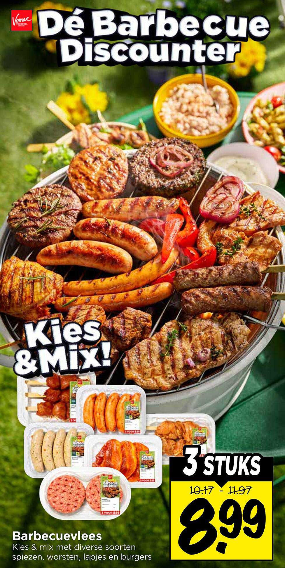 Barbecuevlees Kies & mix met diverse soorten spiezen, worsten, lapjes en burgers 3 STUKS