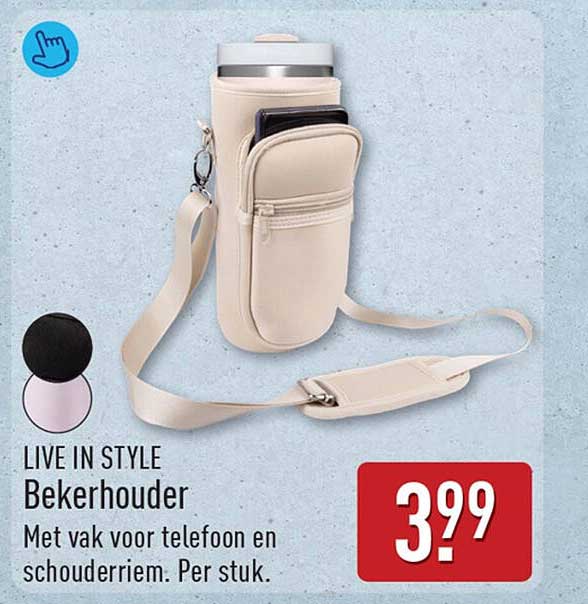 Bekerhouder Met vak voor telefoon en schouderriem. Per stuk.