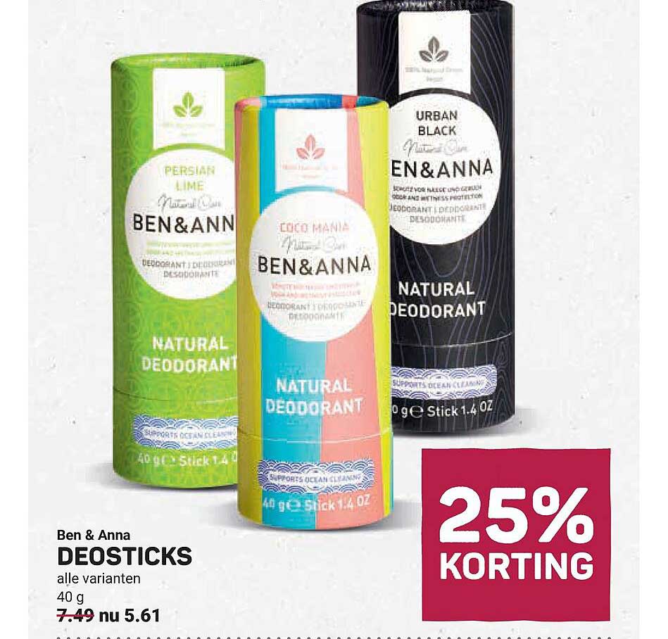 Ben & Anna DEOSTICKS alle varianten 40 g 25% KORTING