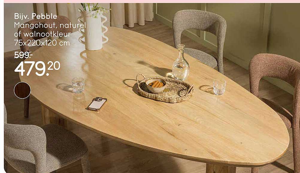 Bijv. Pebble Mangohout, naturel of walnootkleur 75x220x120 cm