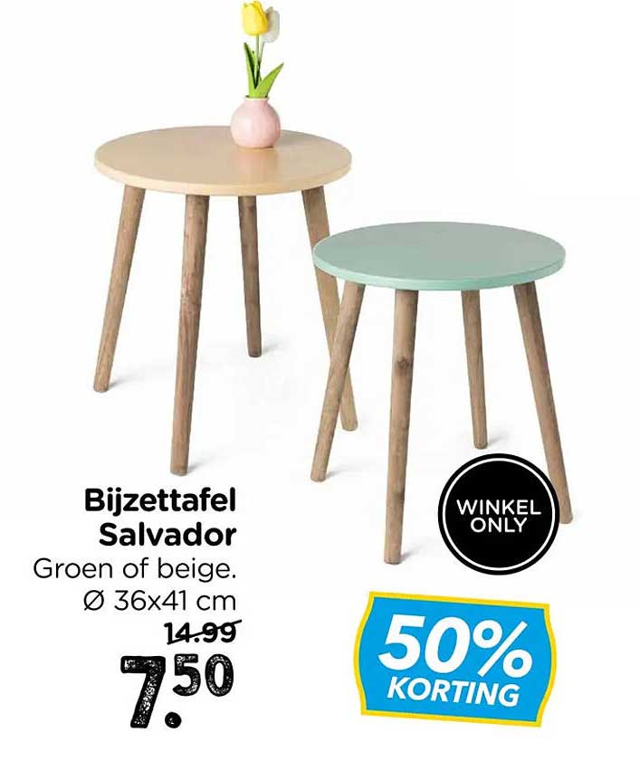 Bijzettafel Salvador Groen of beige. Ø 36x41 cm 50% korting