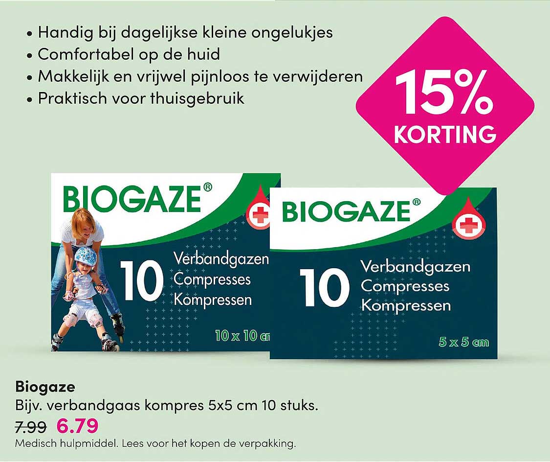 Biogaze Bijv. verbandgas kompres 5x5 cm 10 stuks. 15% KORTING