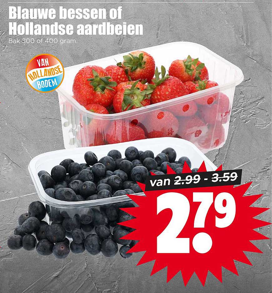 Blauwe bessen of Hollandse aardbeien Bak 300 of 400 gram