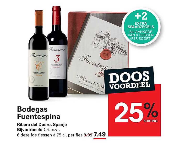 Bodegas Fuentespina Ribera del Duero, Spanje Bijvoorbeeld Crianza, 6 dezelfde flessen à 75 cl, per fles 25% korting +2 extra spaарregels bij aankoop van 6 flessen (per soort)