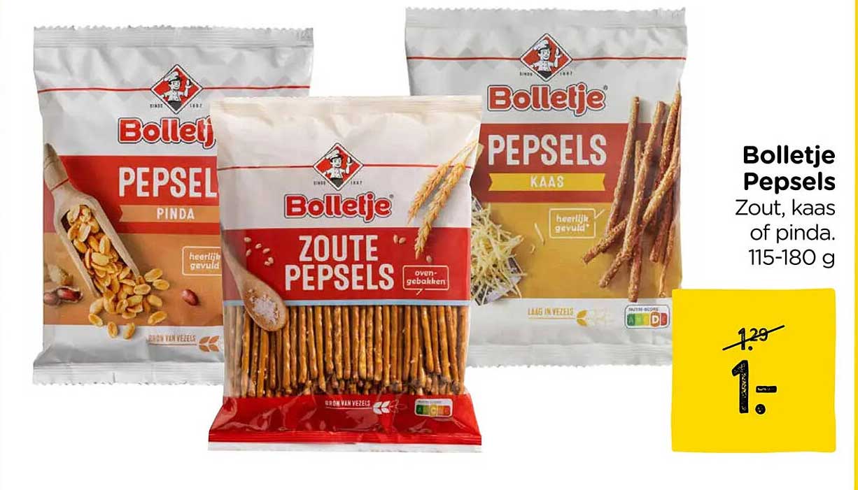 Bolletje Pepsels Zout, kaas of pinda. 115-180 g