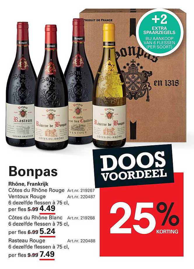 Bonpas Rhône, Frankrijk – doosvoordeel 25% korting +2 extra spaargels bij aankoop van 6 flessen (per soort)