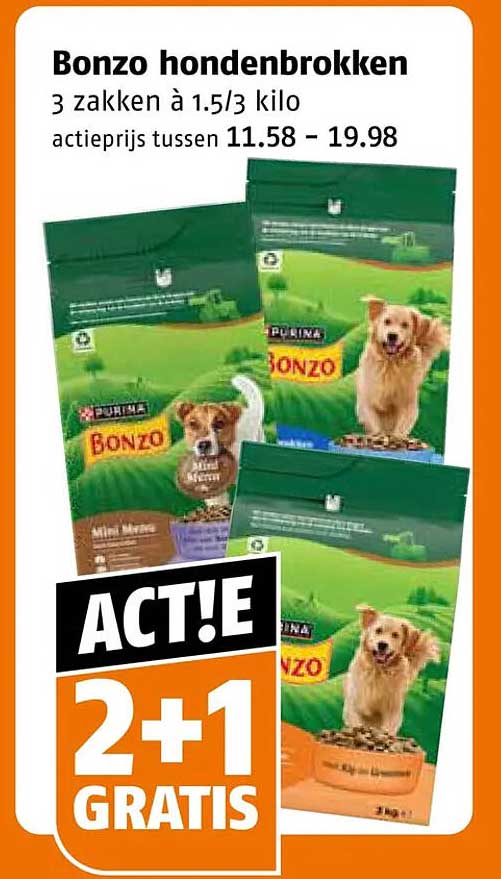 Bonzo hondenbrokken 2+1 GRATIS