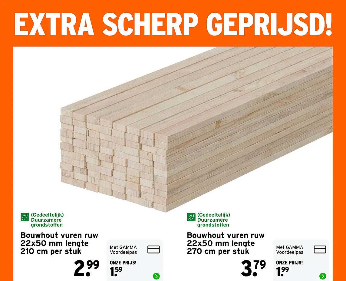 Bouwhout vuren ruw 22x50 mm lengte 210 cm per stuk