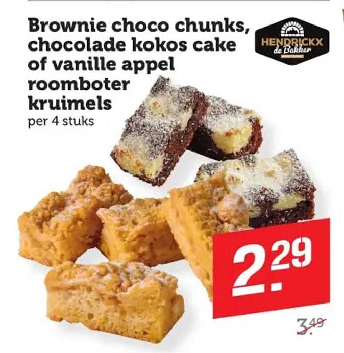 Brownie choco chunks, chocolade kokos cake of vanille appel roomboter kruimels