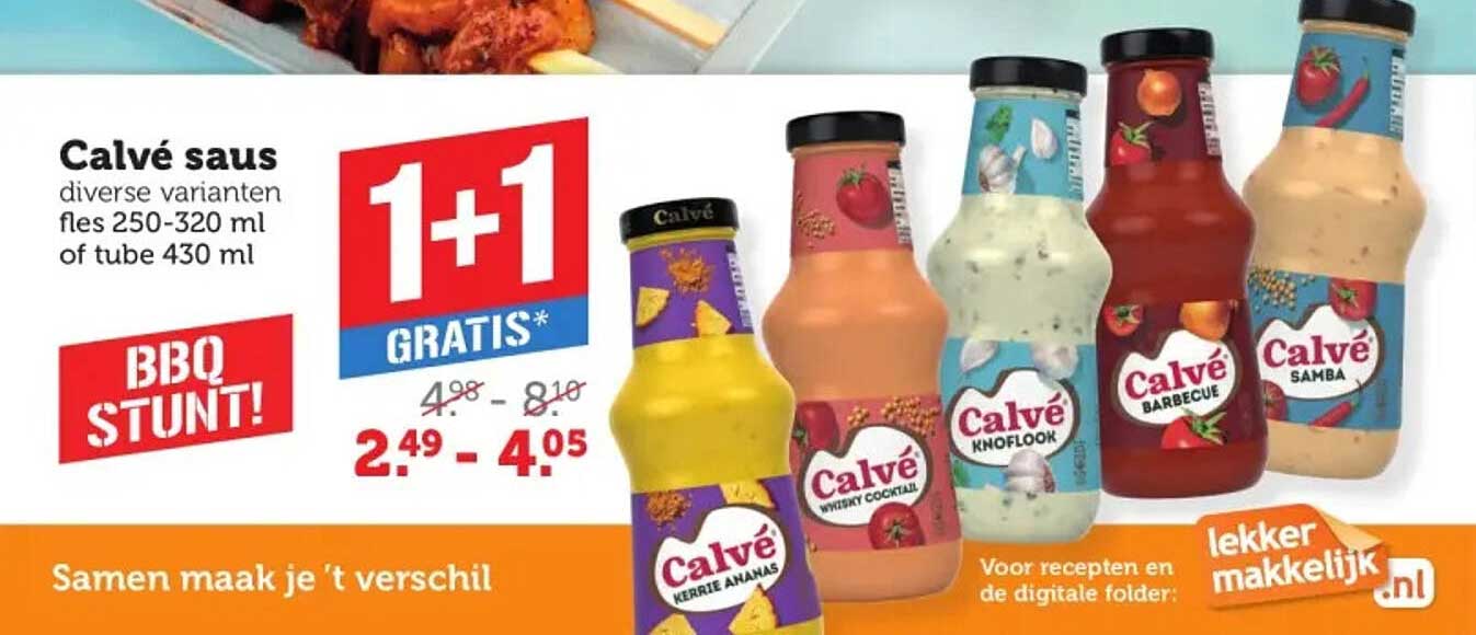Calvé saus diverse varianten fles 250-320 ml of tube 430 ml 1+1 GRATIS