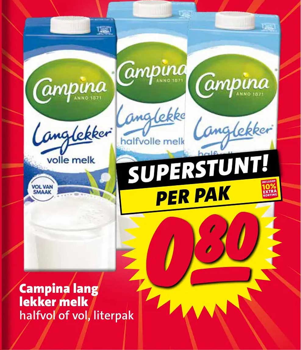 Campina lang lekker melk halfvol of vol, literpak SUPERSTUNT! PER PAK