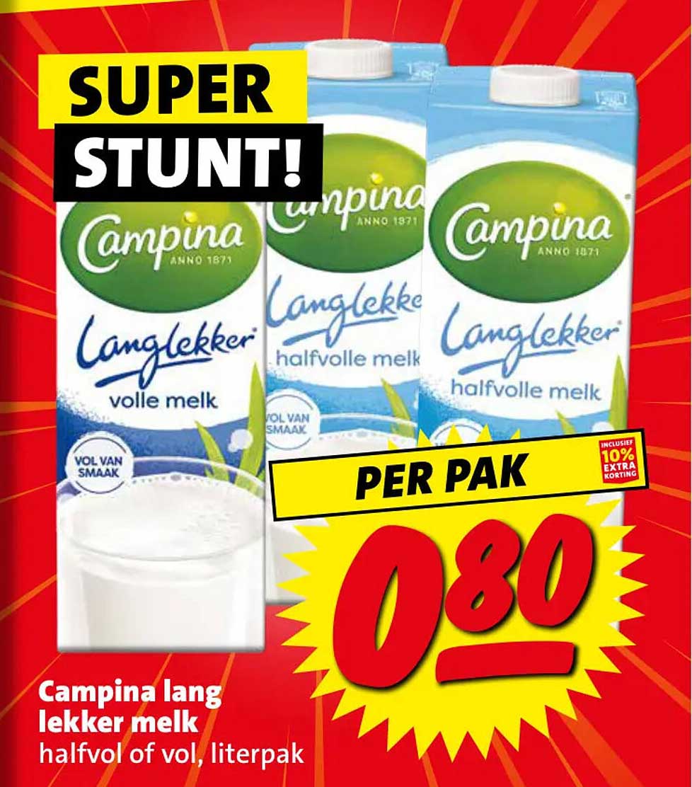 Campina lang lekker melk halfvol of vol, literpak