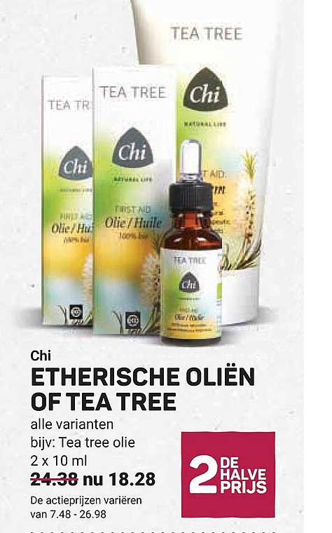 Chi ETHERISCHE OLIËN OF TEA TREE alle varianten bijv: Tea tree olie 2 x 10 ml 2e halve prijs