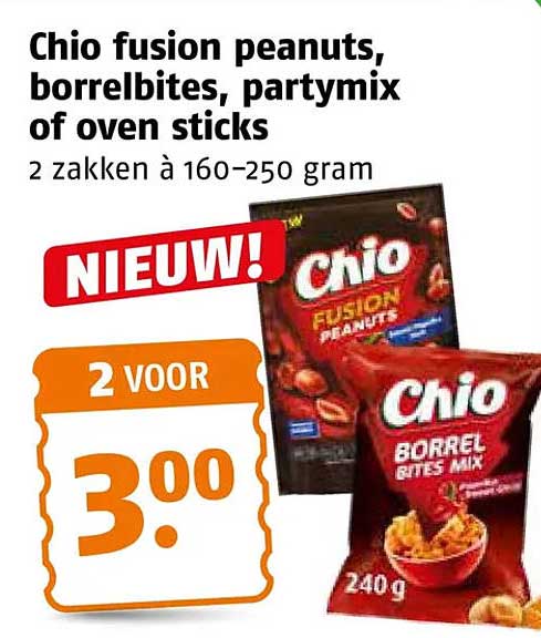 Chio fusion peanuts, borrelbites, partymix of oven sticks 2 zakken à 160-250 gram NIEUW! 2 VOOR