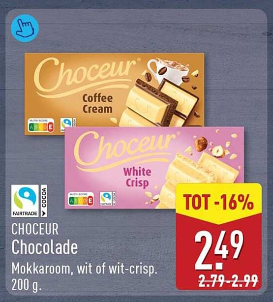 CHOCEUR Chocolade Mokkaroom, wit of wit-crisp. 200 g. TOT -16%