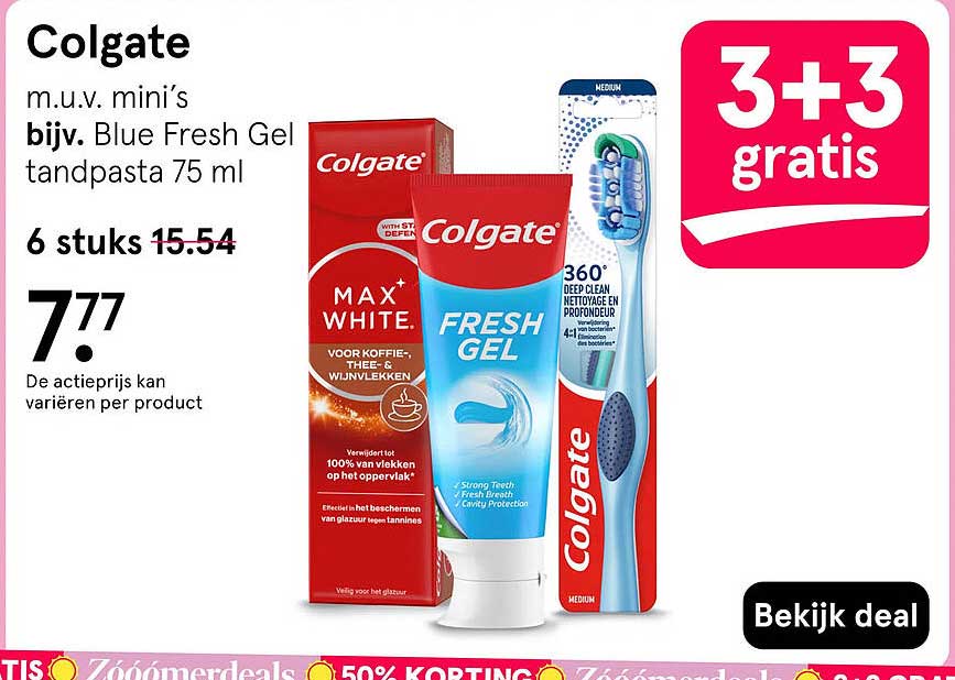 Colgate m.u.v. mini’s bijv. Blue Fresh Gel tandpasta 75 ml 3+3 gratis
