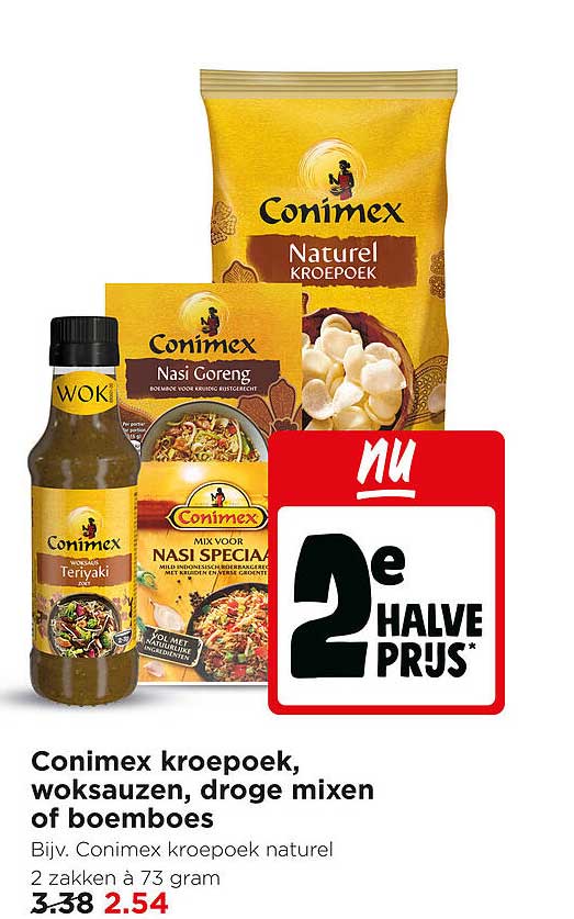 Conimex kroepoek, woksauzen, droge mixen of boemboes 2e halve prijs