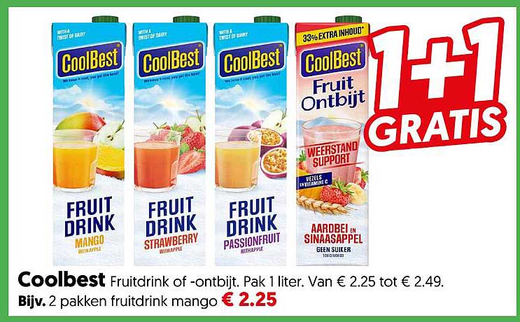 Coolbest Fruitdrink of -ontbijt. Pak 1 liter. 1+1 GRATIS