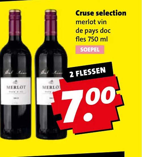 Cruse selection merlot vin de pays doc fles 750 ml SOEPEL 2 FLESSEN