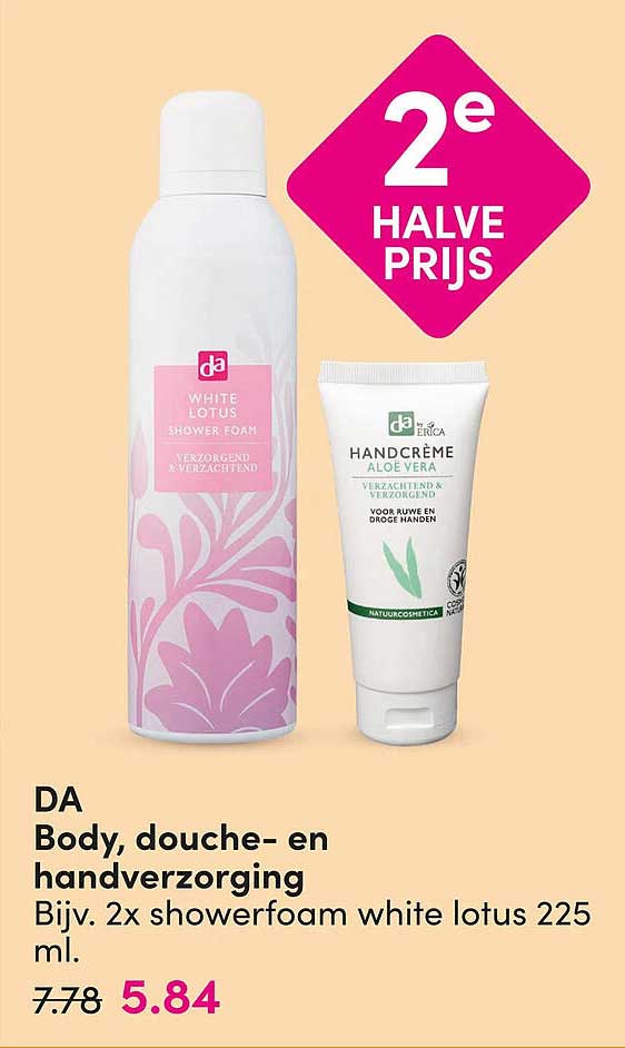 DA Body, douche- en handverzorging Bijv. 2x showerfoam white lotus 225 ml. 2e halve prijs