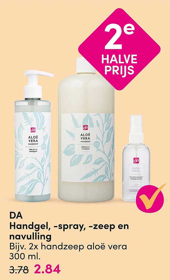 DA Handgel, -spray, -zeep en navulling 2e halve prijs