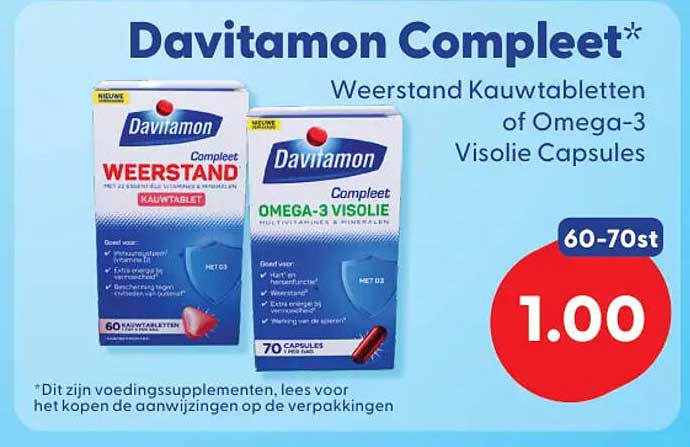 Davitamon Compleet* Weerstand Kauwtabletten of Omega-3 Visolie Capsules 60-70st