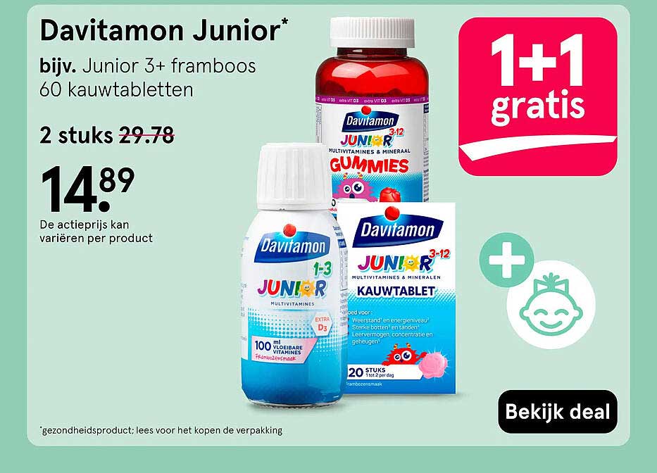 Davitamon Junior* bijv. Junior 3+ framboos 60 kauwtabletten 1+1 gratis
