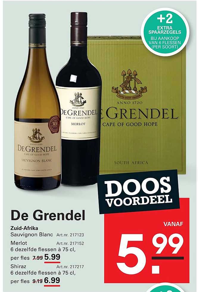 De Grendel Zuid-Afrika Sauvignon Blanc Merlot 6 dezelfde flessen à 75 cl, per fles