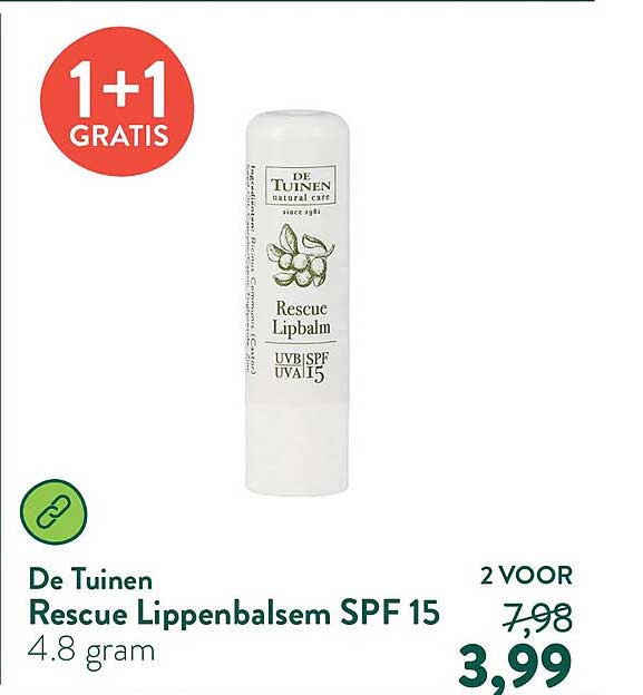 De Tuinen Rescue Lippenbalsem SPF 15 4.8 gram 1+1 GRATIS