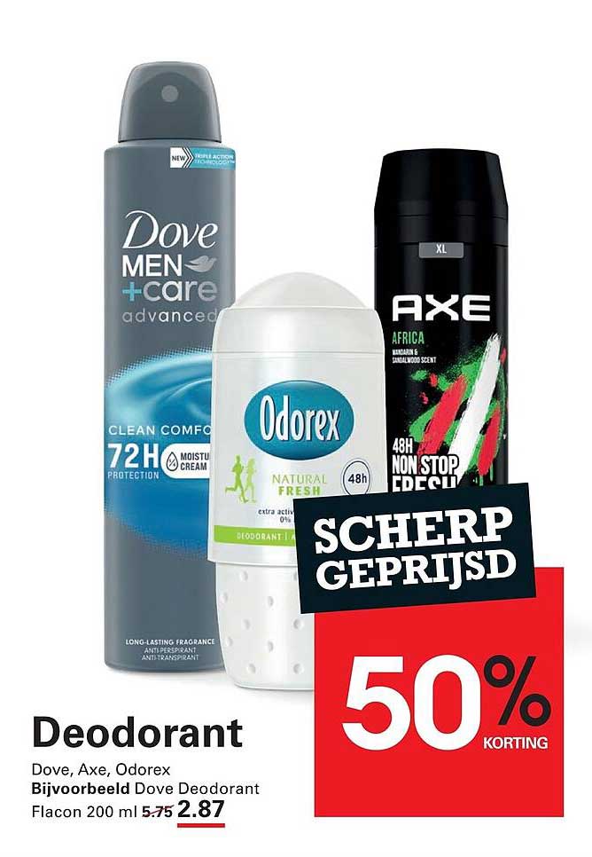 Deodorant Dove, Axe, Odorex Bijvoorbeeld Dove Deodorant 50% korting